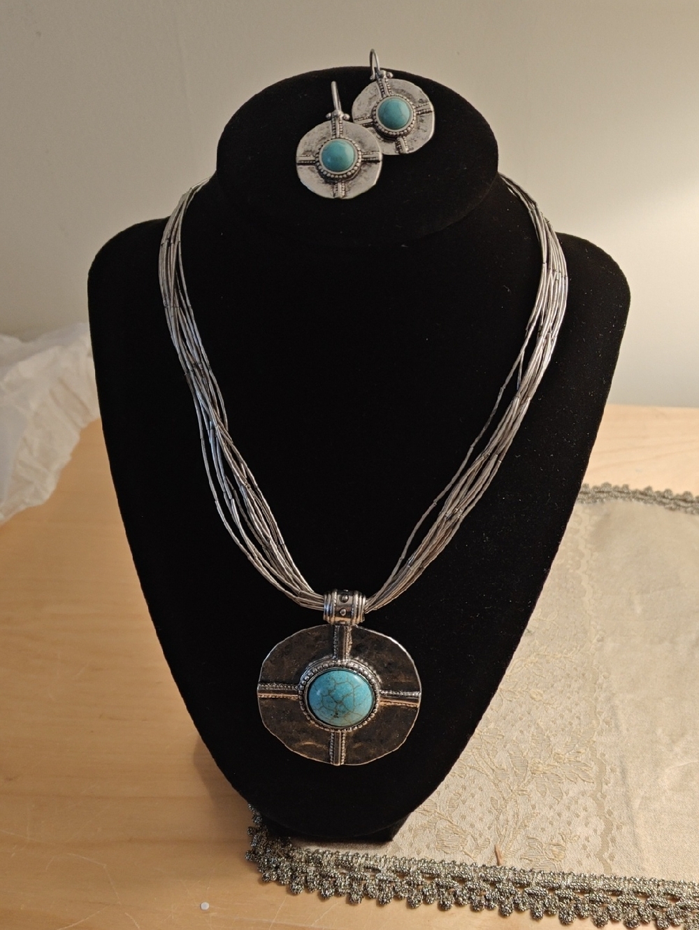 Turquoise Silver-Tone Circle Pendant Multi-Strand Necklace and Earring Set, NWT